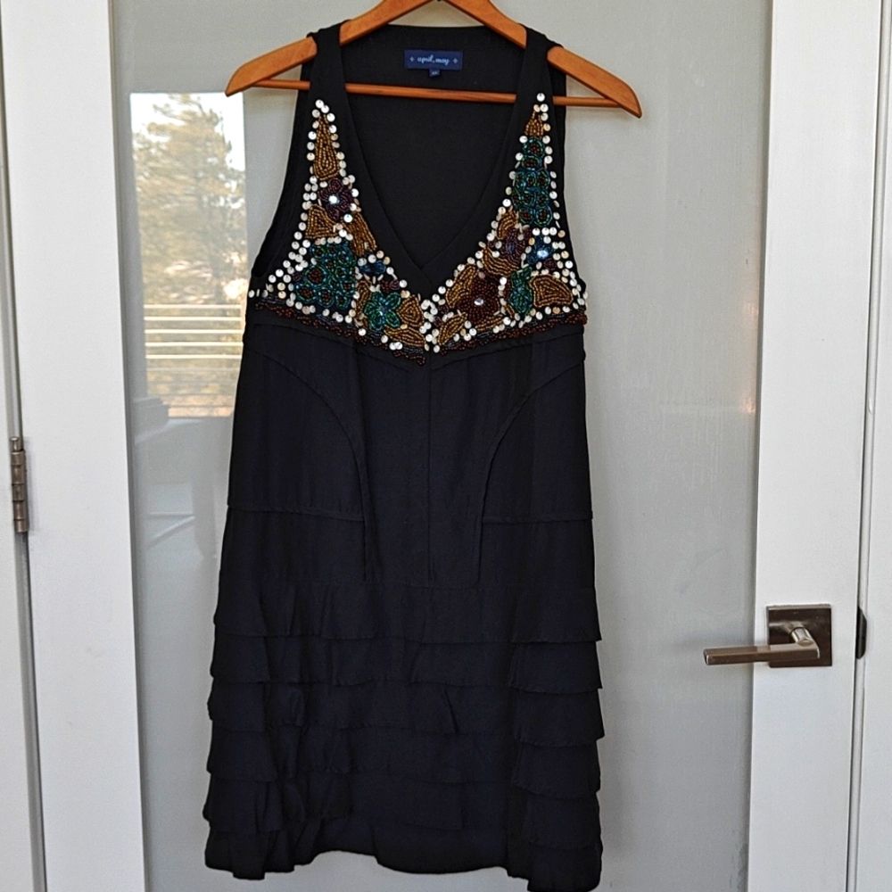 april, may Black Silk Beaded Dress size XS